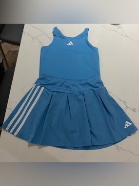 adidas Sky Blue Tank Tennis top and skort  with White Stripes